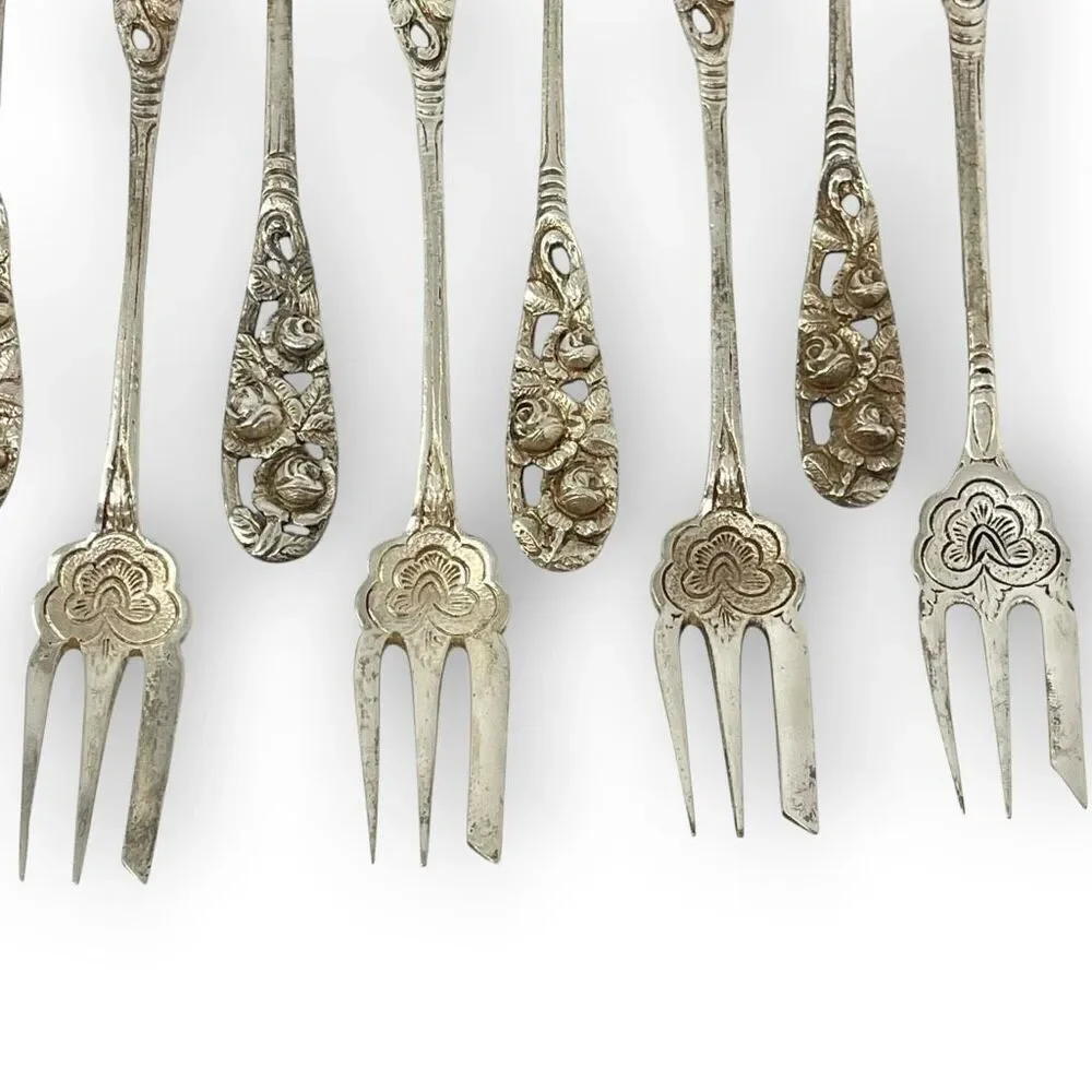 Silver 800 835 Dessert Pastry Mini Forks Fork Lot of 12 Floral Ornate Rose 5.5”